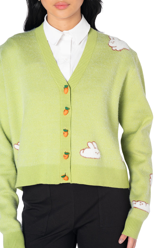 BlackMilk green cropped cardigan featuring knitted bunny motifs, novelty carrot buttons and a cosy relaxed fit, ideal for layering over dresses, skirts and denim.