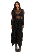 Black burned velvet cat print handkerchief skirt featuring a flowing asymmetric hem, soft velvet detailing and gothic cat artwork, perfect for alternative fashion, everyday wear, festivals and witchy outfits.