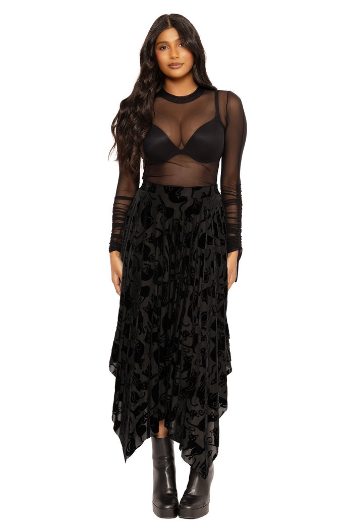 Black burned velvet cat print handkerchief skirt featuring a flowing asymmetric hem, soft velvet detailing and gothic cat artwork, perfect for alternative fashion, everyday wear, festivals and witchy outfits.