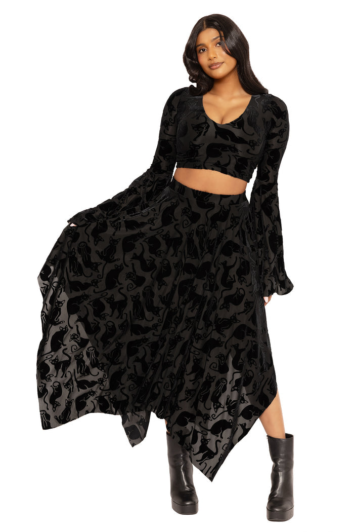 Burned velvet handkerchief skirt with black cat design, crafted with a floaty silhouette and textured velvet finish, ideal for gothic clothing, Halloween style, casual outfits and statement alternative fashion looks.