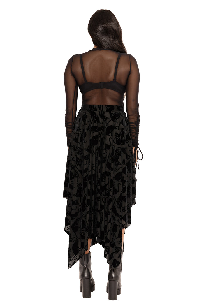 Gothic black cat handkerchief skirt in burned velvet fabric, featuring an uneven hemline and comfortable fit for everyday styling, witchy wardrobes, dark fashion and unique occasion outfits.