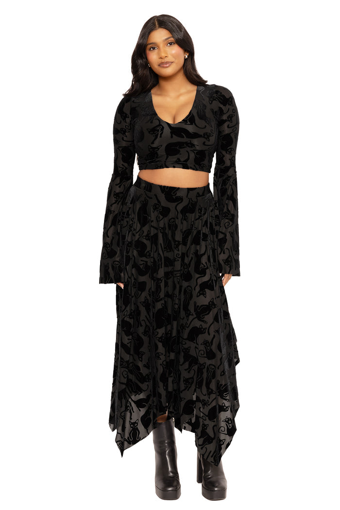 Flowing burned velvet cat print midi skirt with an asymmetric handkerchief hem, combining gothic elegance and comfortable wear for witchy fashion, casual styling, concerts and special occasions.