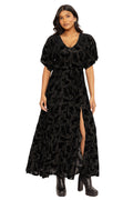 Burned Velvet Cats Kimono Maxi Dress featuring a flowing kimono silhouette, soft burned velvet fabric and black cat artwork, perfect for gothic fashion, witchy wardrobes, special occasions and everyday statement styling.