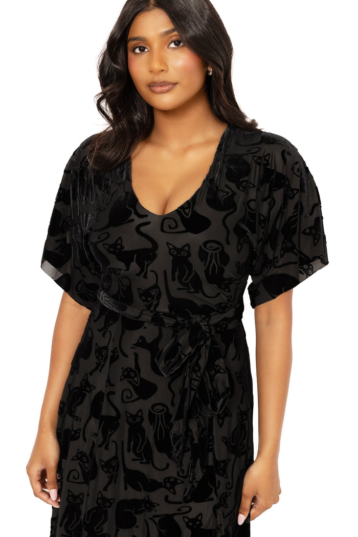 Black cat print kimono maxi dress in luxurious burned velvet, designed with a flattering relaxed fit and elegant drape for alternative fashion, evening wear, events and comfortable everyday outfits.