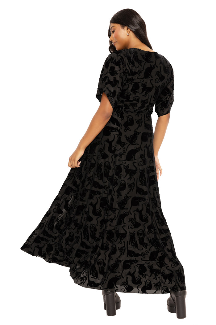 Flowing kimono sleeve maxi dress with burned velvet cat design, featuring a comfortable silhouette and textured velvet finish ideal for alternative fashion, dark romantic styling and elevated everyday wear.
