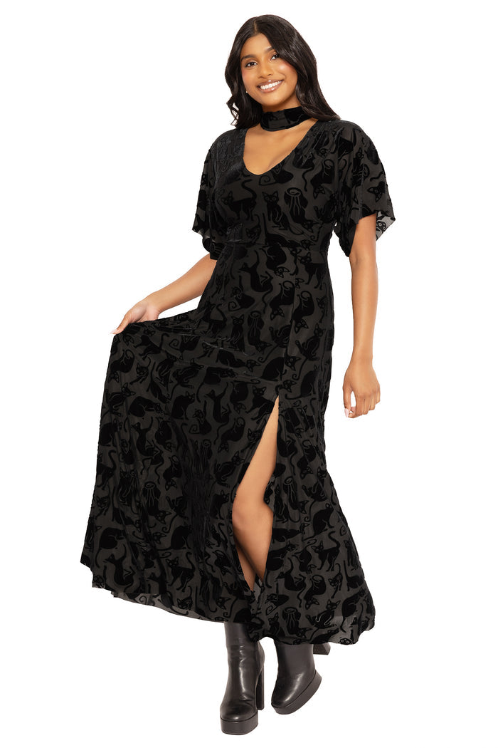 Burned Velvet Cats Kimono Maxi Dress with flowing kimono sleeves and soft textured velvet, featuring black cat artwork and an elegant maxi silhouette perfect for gothic fashion, witchy outfits, alternative occasion wear and comfortable everyday styling.