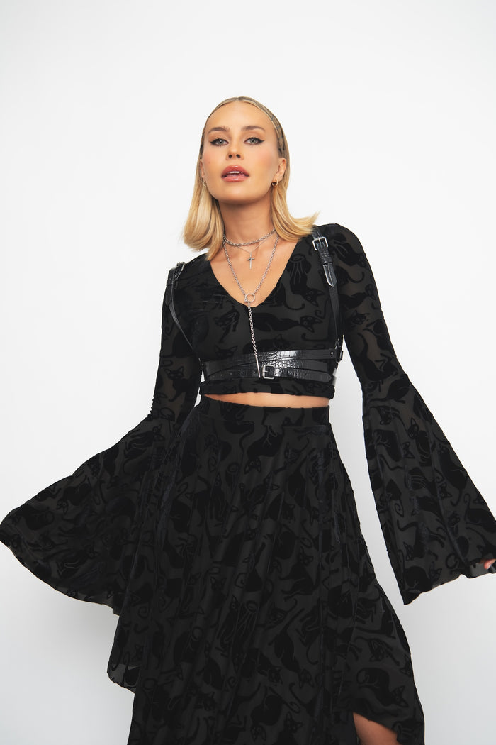 Burned Velvet Cats Spectre Top featuring soft burned velvet fabric and black cat artwork, perfect for gothic fashion, alternative outfits, everyday wear and effortless witchy styling.
