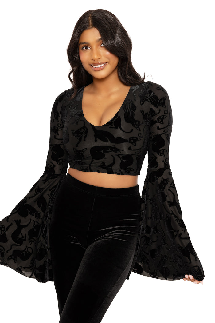 Black cat print burned velvet top with flattering relaxed fit, designed for comfortable everyday wear, gothic wardrobes, casual styling and alternative fashion looks.