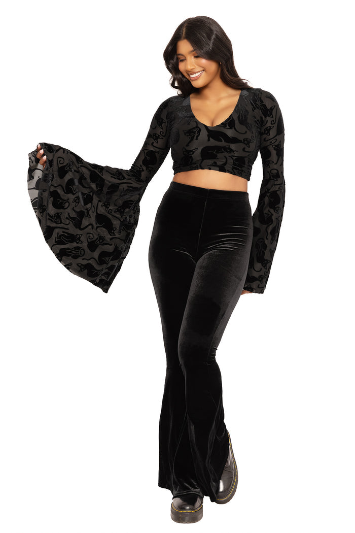 Gothic black cat velvet top in luxurious burned velvet fabric, ideal for pairing with skirts, jeans and trousers for comfortable everyday outfits and statement alternative style.