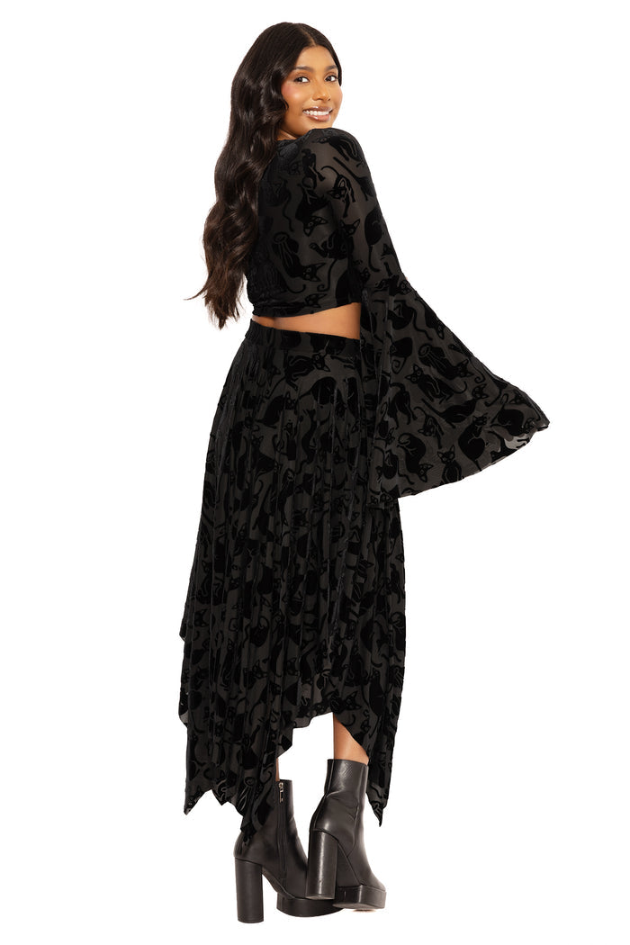 Soft burned velvet Spectre top with black cat print, offering all-day comfort and effortless styling for gothic fashion lovers, casual wear, spooky season outfits and alternative wardrobes.