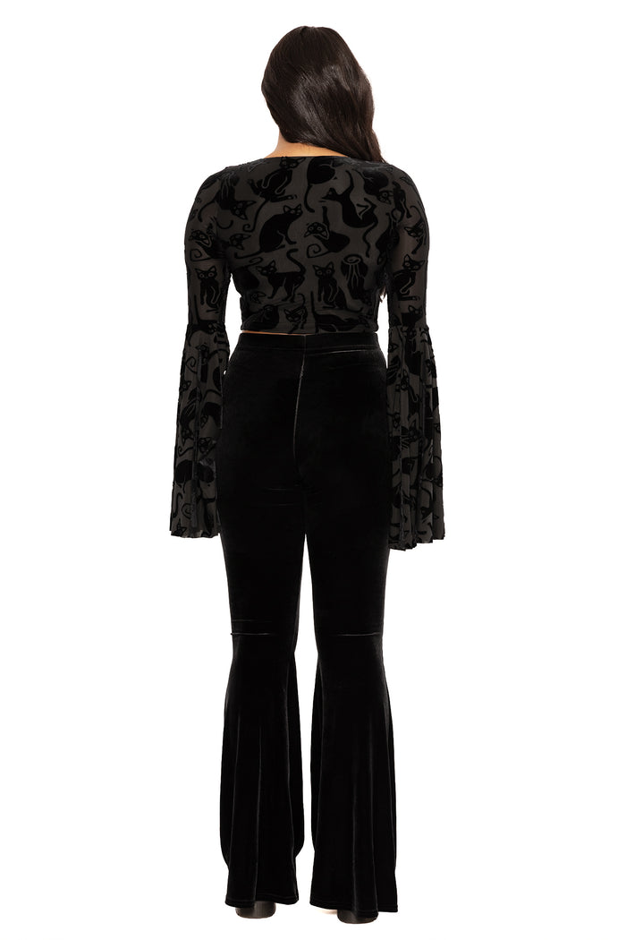 Burned velvet black cat top for everyday and occasion wear, featuring a soft stretch fit and gothic cat artwork, perfect for alternative fashion, work-to-weekend styling and witchy outfits.