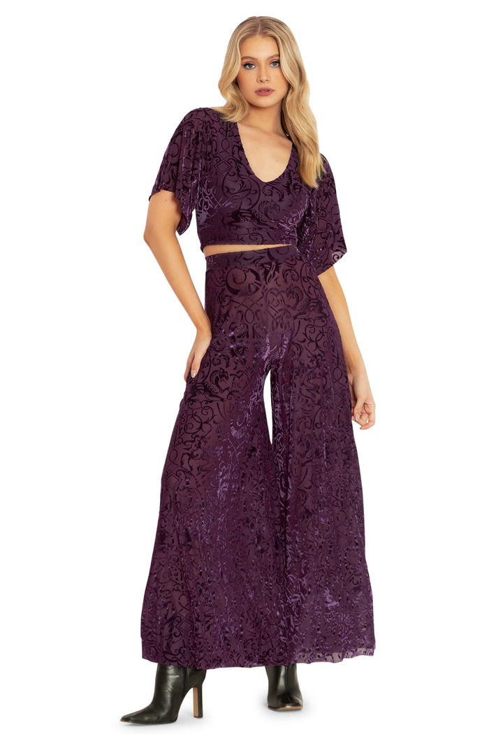 BlackMilk Clothing - Plum Gothic Gates Burned Velvet Palazzo Pants
