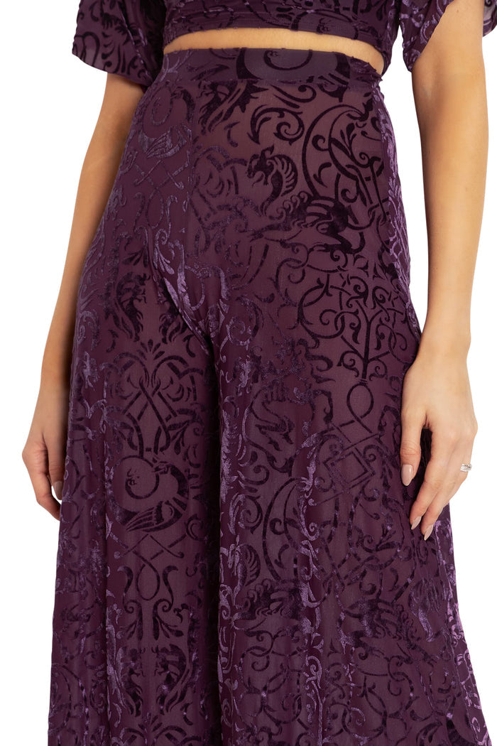 BlackMilk Clothing - Plum Gothic Gates Burned Velvet Palazzo Pants