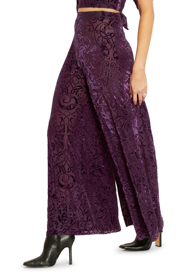 BlackMilk Clothing - Plum Gothic Gates Burned Velvet Palazzo Pants