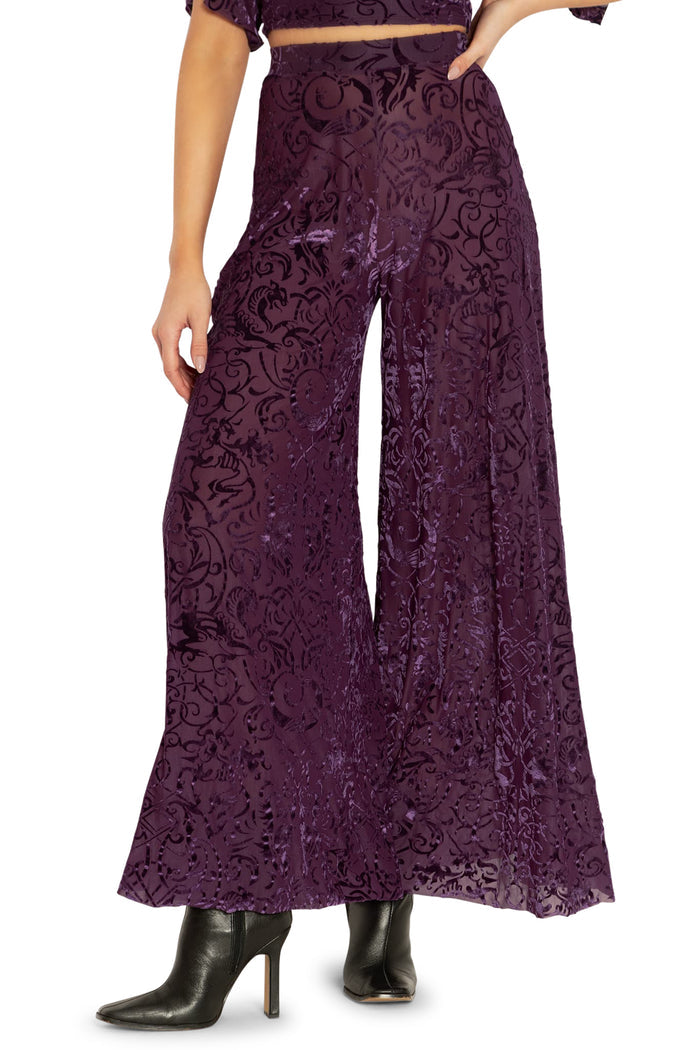 BlackMilk Clothing - Plum Gothic Gates Burned Velvet Palazzo Pants