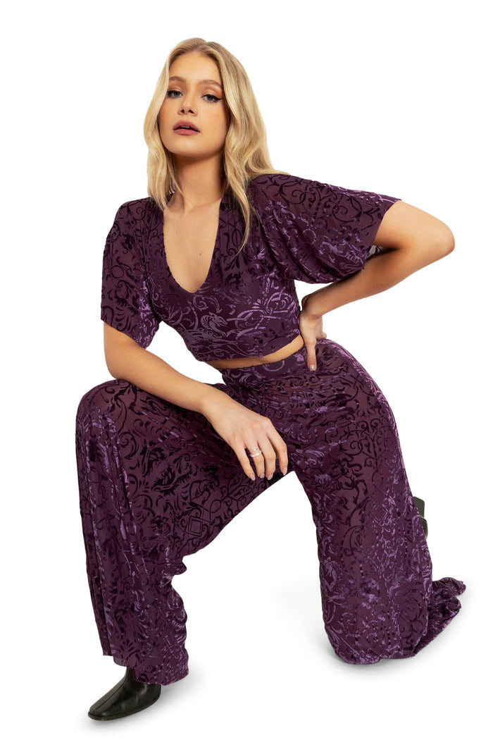 BlackMilk Clothing - Plum Gothic Gates Burned Velvet Palazzo Pants