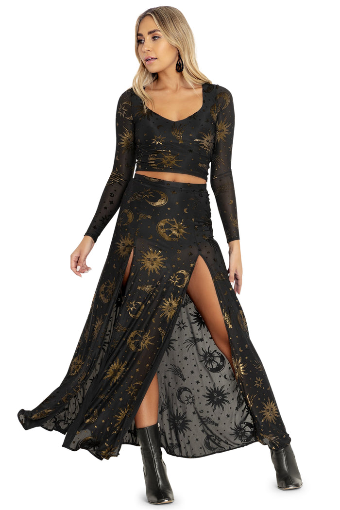 burned velvet sun and moon gold split maxi skirt