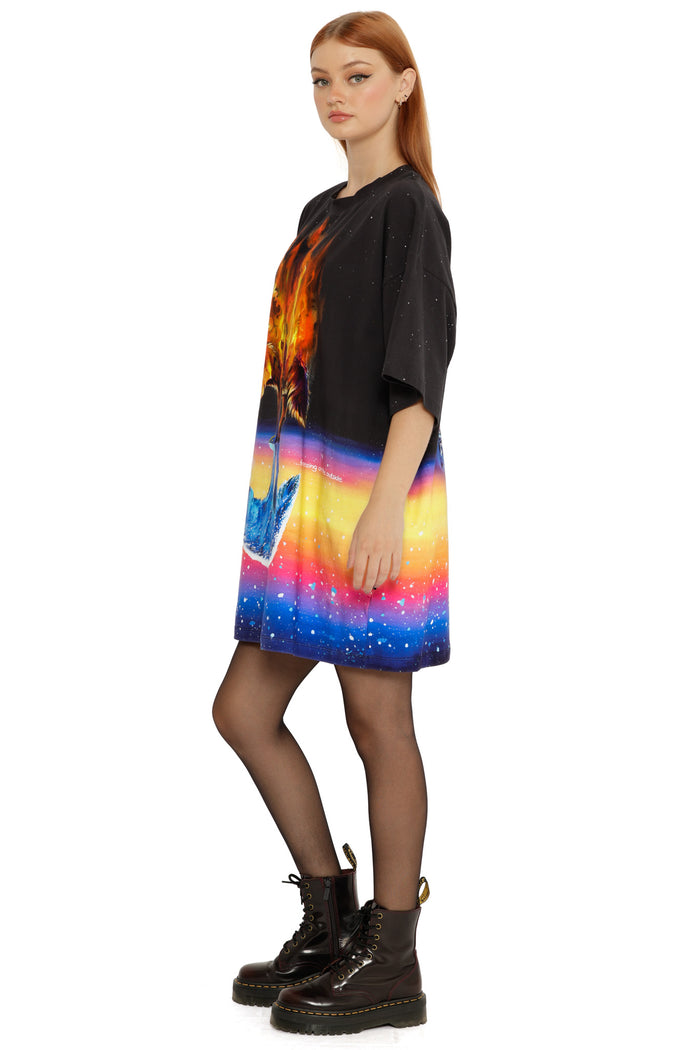Lora Zombie Burning on the Inside Giant Tee worn loose, highlighting the dramatic flame illustration and graphic detail.