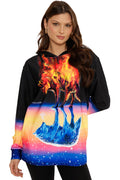 Woman wearing a hoodie with a colorful wolf design on a white background