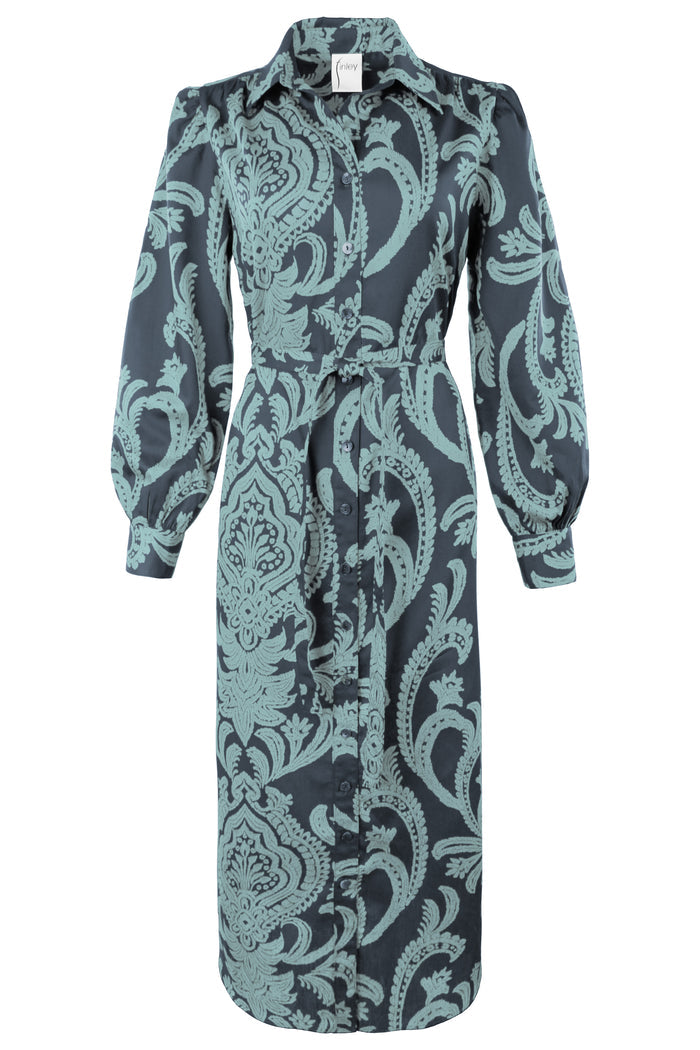 Long-sleeve dress with a blue and gray paisley pattern on a white background