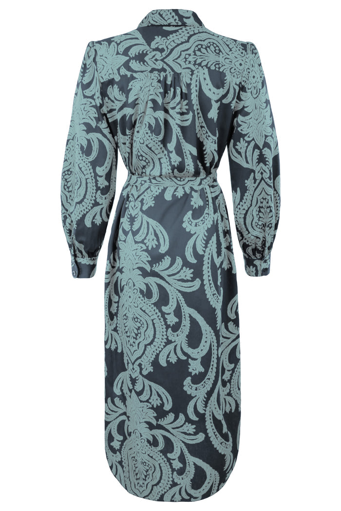 Long-sleeve dress with a black and light blue floral pattern on a white background