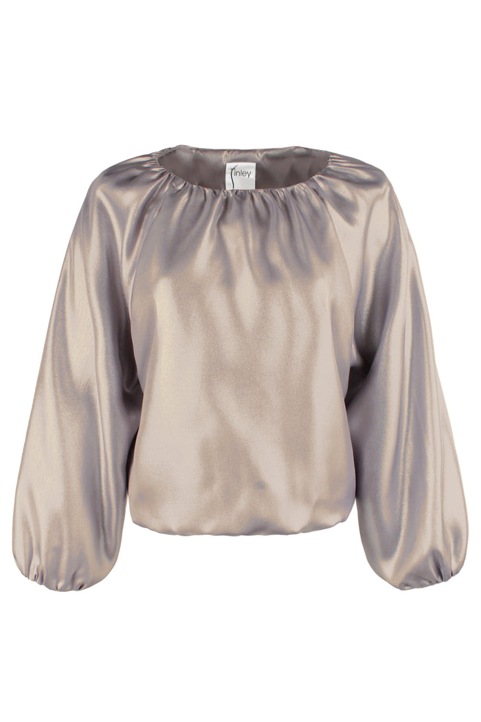 Front view of Cameron, a matte gold Finley blouse with blouson sleeves
