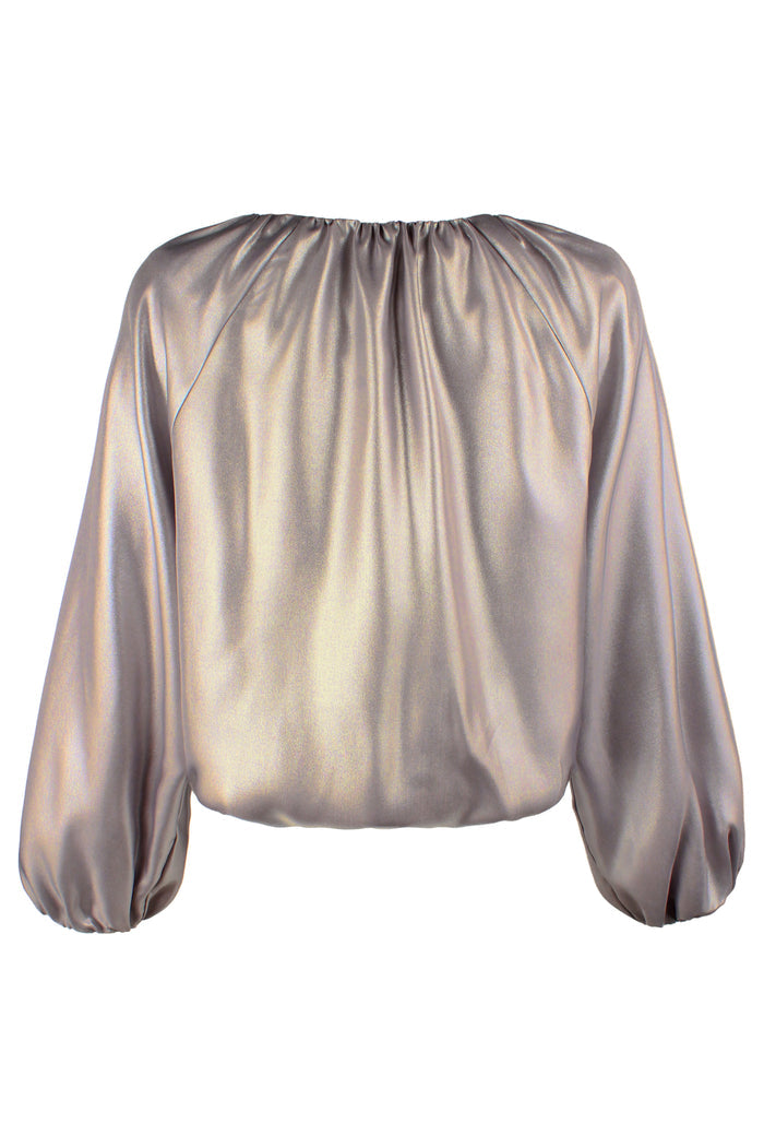 Rear view of Cameron, a matte gold Finley blouse with blouson sleeves