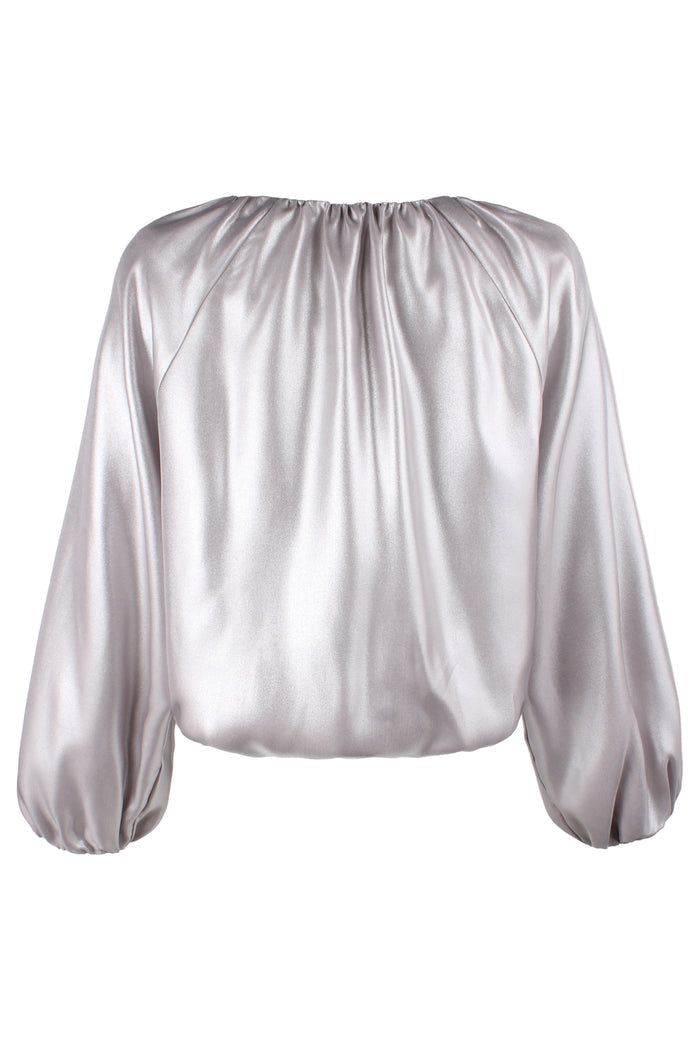 Front view of Cameron, a silver Finley blouse with gathered neck and long blouson sleeves