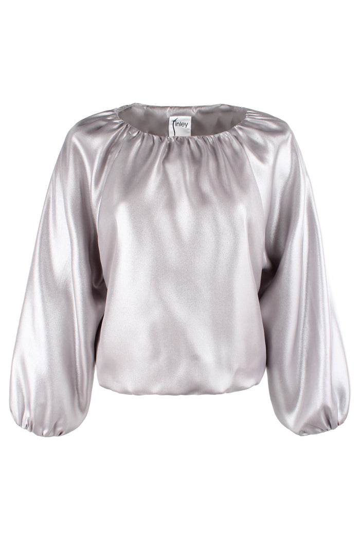 Rear view of Cameron, a silver Finley blouse with gathered neck and long blouson sleeves