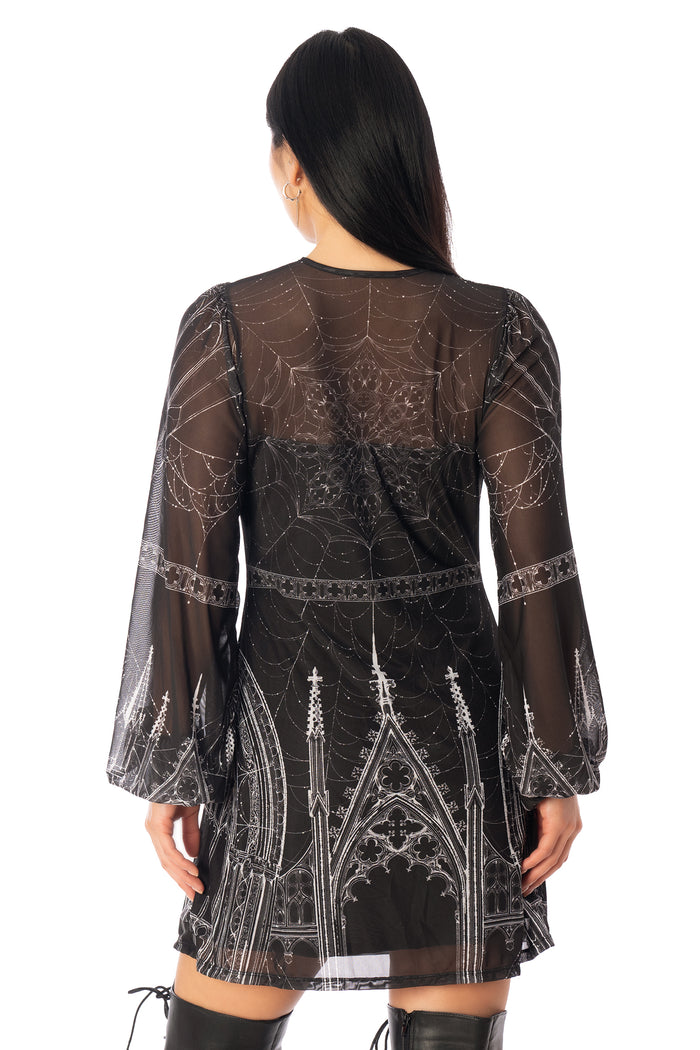 BlackMilk Caught in the Cloisters A-Line Bishop Dress – black gothic cathedral print sheer bishop-sleeve Halloween dress by Ami Raithe, BlackMilk Clothing Halloween collection