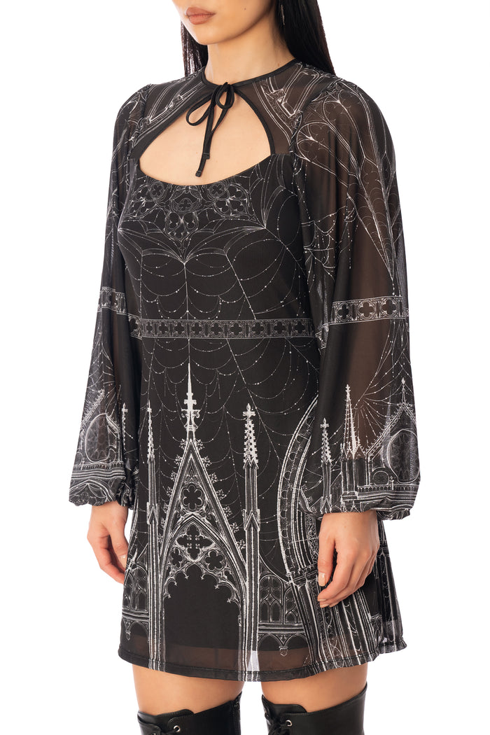 BlackMilk Caught in the Cloisters A-Line Bishop Dress – black gothic cathedral print sheer bishop-sleeve Halloween dress by Ami Raithe, BlackMilk Clothing Halloween collection