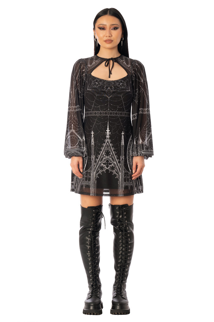 BlackMilk Caught in the Cloisters A-Line Bishop Dress – black gothic cathedral print sheer bishop-sleeve Halloween dress by Ami Raithe, BlackMilk Clothing Halloween collection
