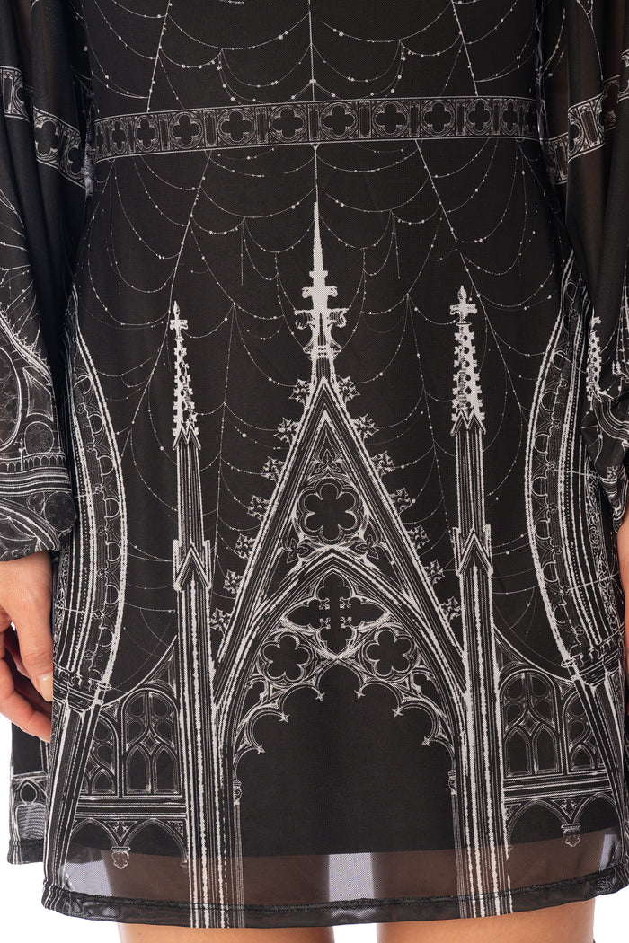BlackMilk Caught in the Cloisters A-Line Bishop Dress – black gothic cathedral print sheer bishop-sleeve Halloween dress by Ami Raithe, BlackMilk Clothing Halloween collection