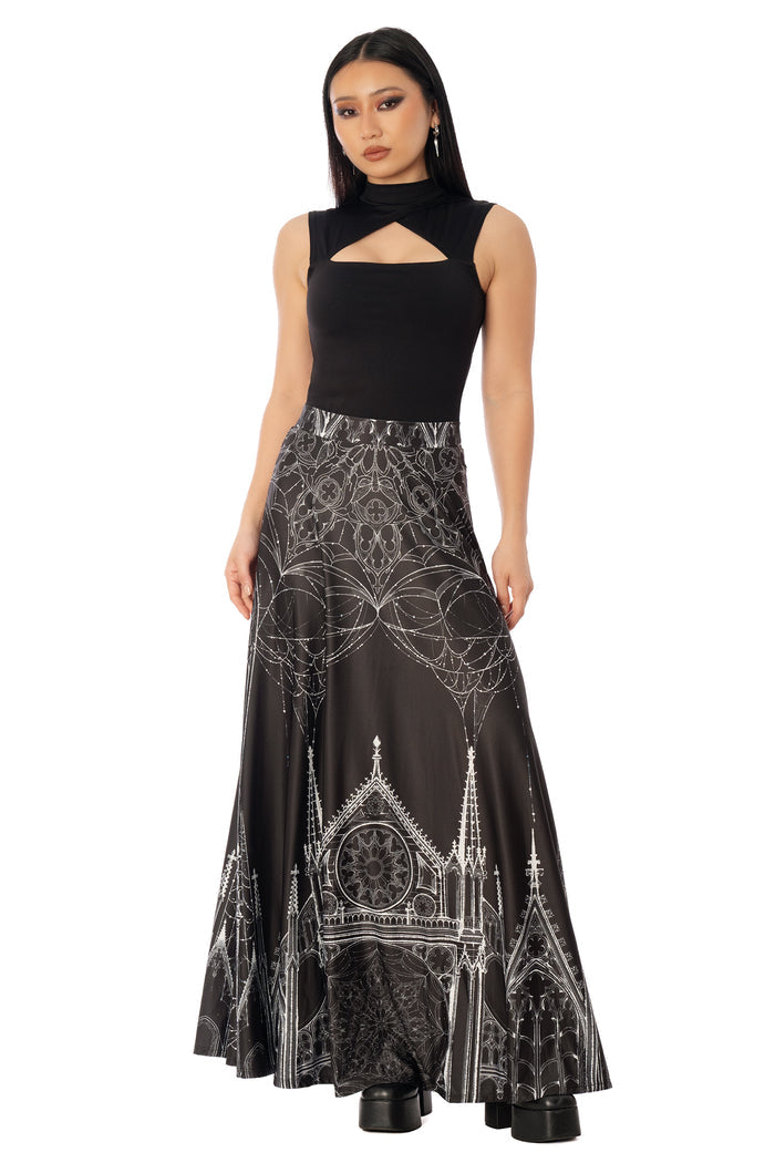 BlackMilk Caught in the Cloisters Maxi Skirt – black gothic cathedral stained-glass print maxi skirt by artist Ami Raithe, BlackMilk Clothing Halloween collection