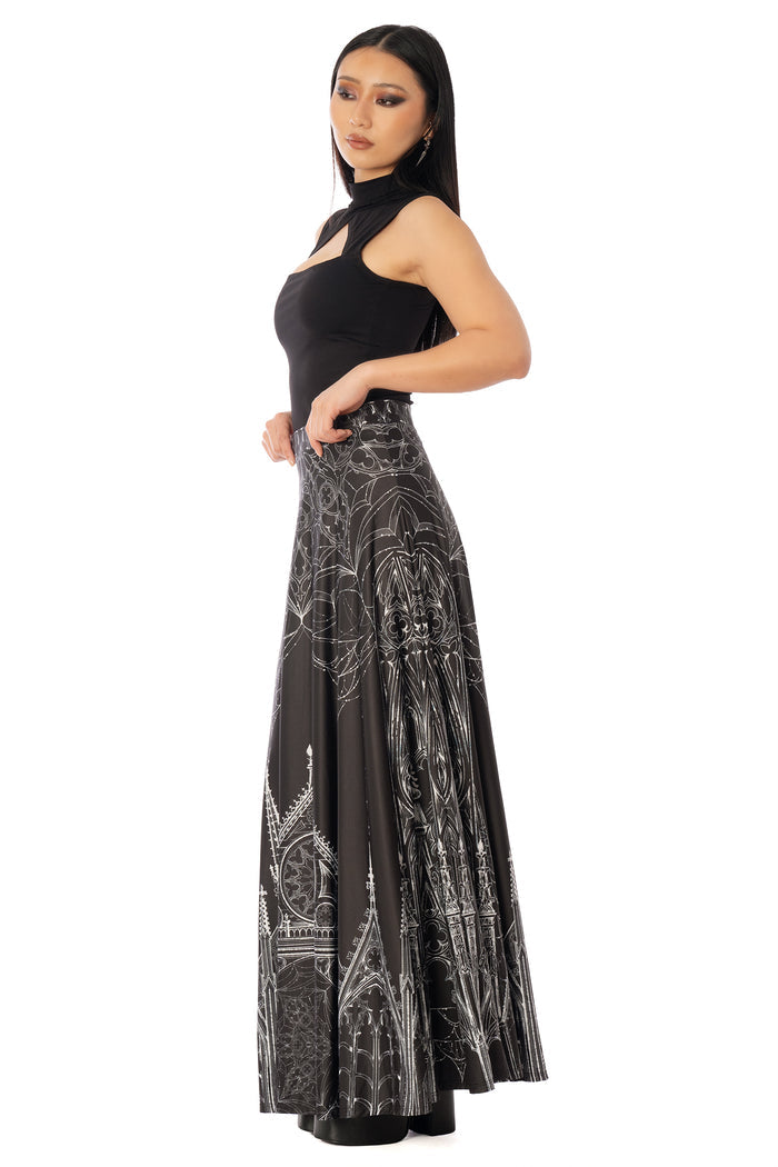 BlackMilk Caught in the Cloisters Maxi Skirt – black gothic cathedral stained-glass print maxi skirt by artist Ami Raithe, BlackMilk Clothing Halloween collection