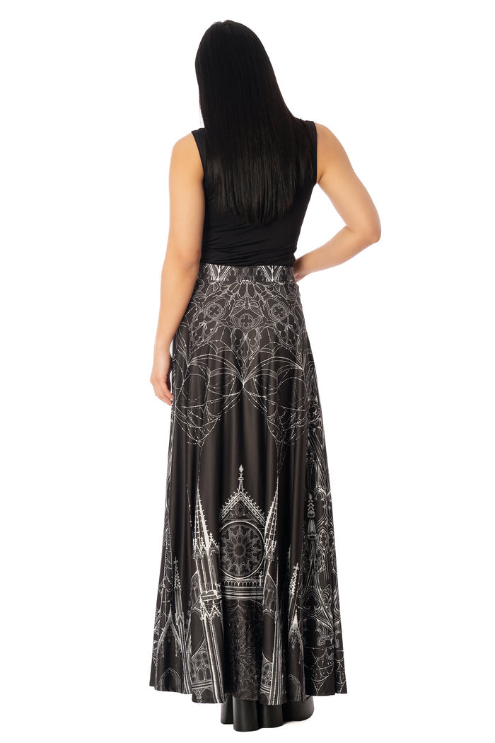 BlackMilk Caught in the Cloisters Maxi Skirt – black gothic cathedral stained-glass print maxi skirt by artist Ami Raithe, BlackMilk Clothing Halloween collection