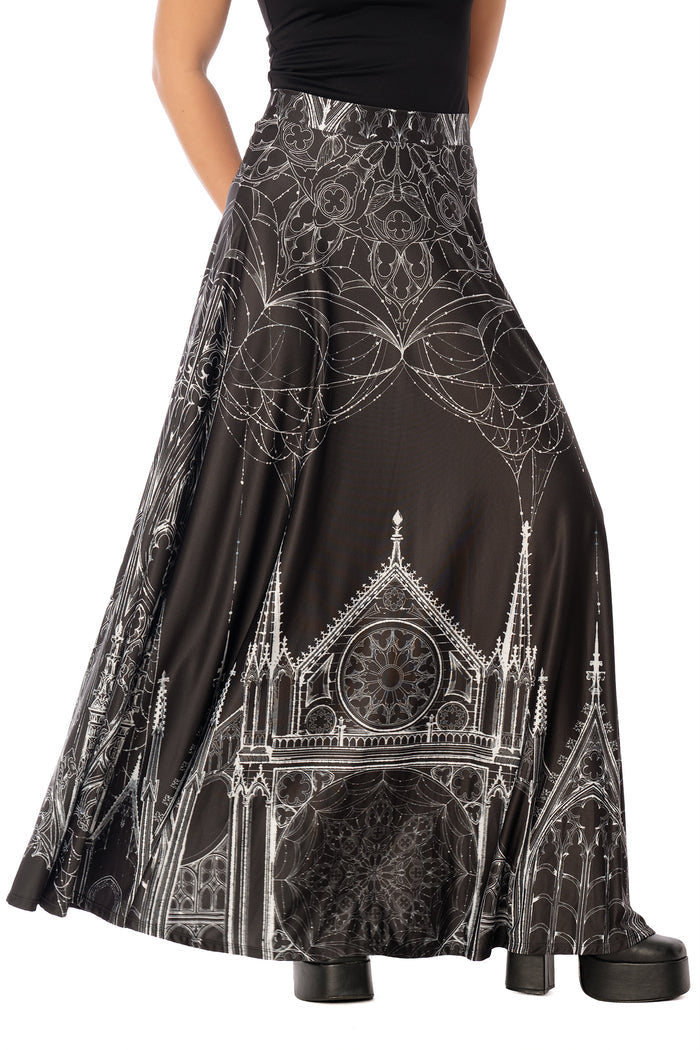 BlackMilk Caught in the Cloisters Maxi Skirt – black gothic cathedral stained-glass print maxi skirt by artist Ami Raithe, BlackMilk Clothing Halloween collection
