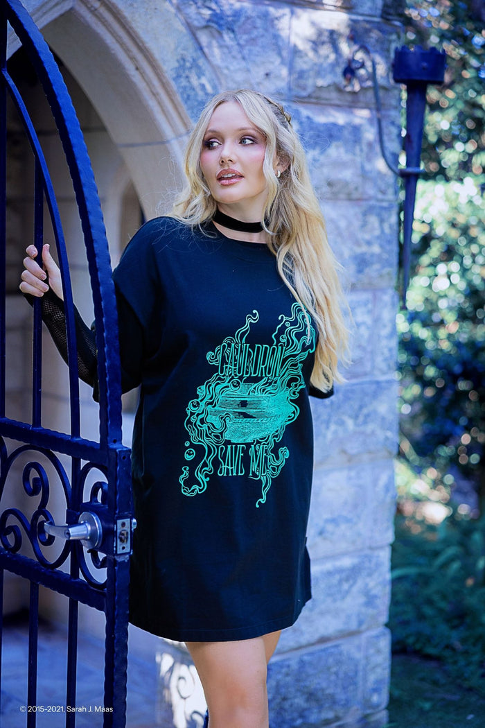 ACOTAR Cauldron Save Me cotton big tee, inspired by A Court of Thorns and Roses series by Sarah J Maas, featuring oversized unisex fit, soft cotton fabric and puff print graphic, casual fantasy outfit inspired by ACOTAR books