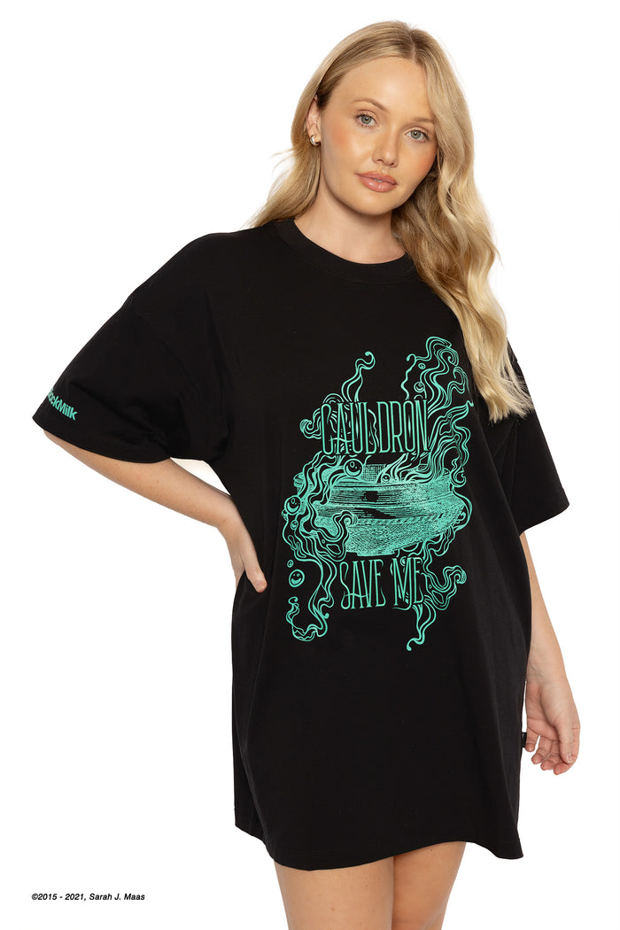 A Court of Thorns and Roses Cauldron Save Me t-shirt, ACOTAR inspired oversized cotton big tee by Sarah J Maas with graphic print, relaxed fit and soft fabric, fantasy loungewear style
