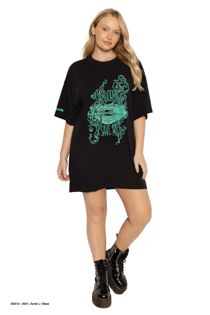 ACOTAR series Cauldron Save Me oversized tee, inspired by A Court of Thorns and Roses books by Sarah J Maas, featuring cotton fabric, unisex fit and statement puff print design, casual fantasy outfit