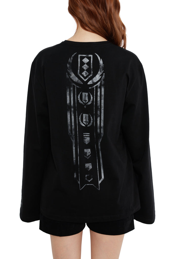 Fallout x BlackMilk Chain That Binds black boyfriend tee featuring Brotherhood of Steel motif and oversized fit.