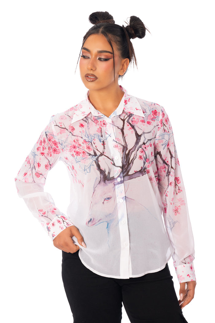 Cherry Blossom Deer Long Sleeve Business Time Shirt