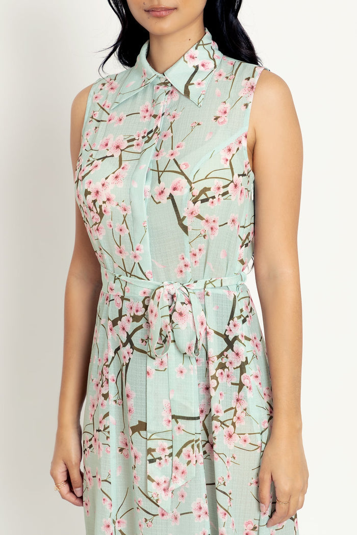 Cherry Blossom Sage Maxi Shirt Dress