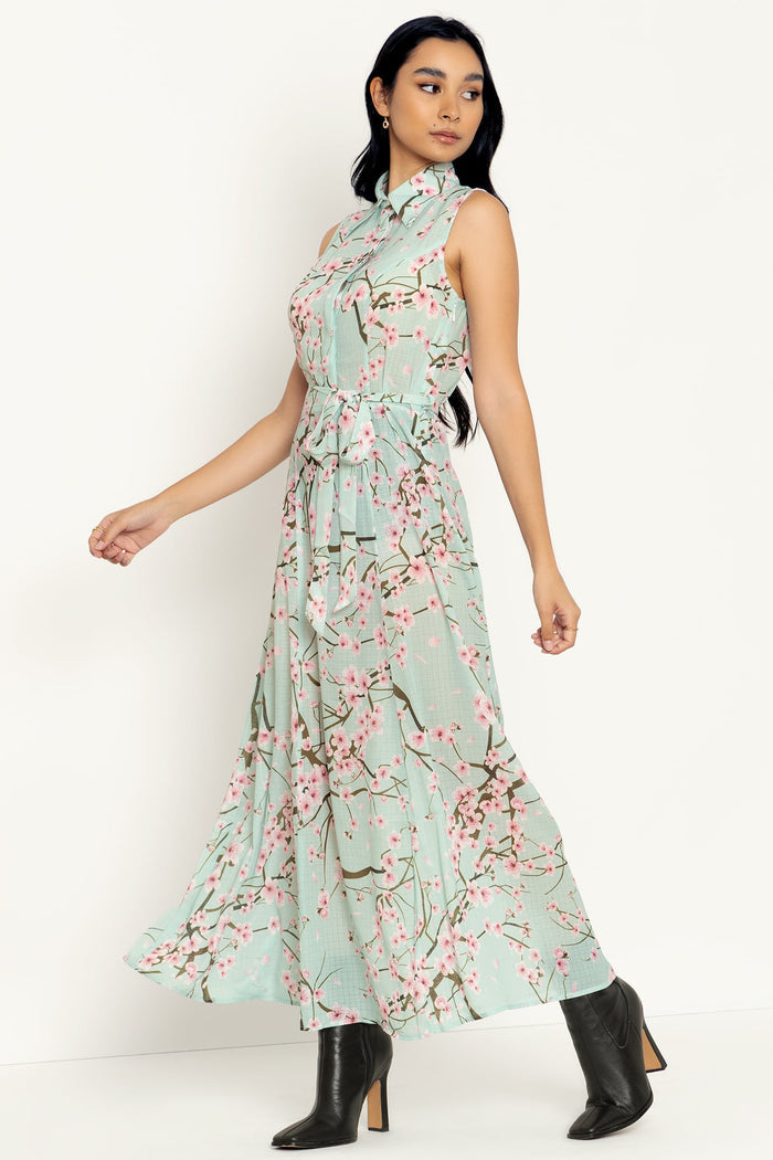 Cherry Blossom Sage Maxi Shirt Dress