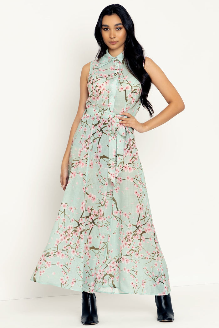 Cherry Blossom Sage Maxi Shirt Dress