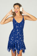 BlackMilk Clothing - Blue Christmas Star Mini Handkerchief Dress