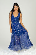 BlackMilk Clothing - Blue Christmas Star V Neck Maxi Dress