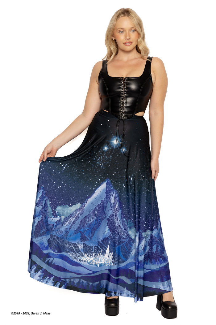 ACOTAR City of Starlight maxi skirt, inspired by A Court of Thorns and Roses series by Sarah J Maas, featuring Velaris cityscape print, mountain silhouette, three stars of Ramiel and flowing maxi length, Night Court fantasy outfit