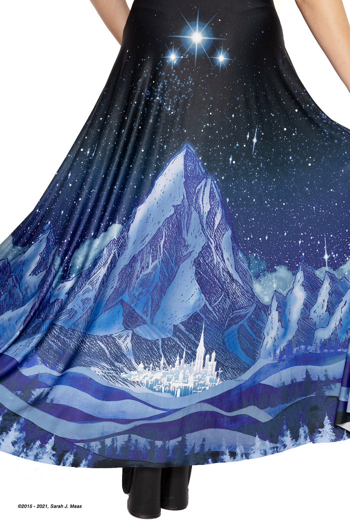 ACOTAR series City of Starlight maxi skirt, inspired by A Court of Thorns and Roses books by Sarah J Maas, featuring Velaris city design, Ramiel stars and silky fabric with full length flowing shape