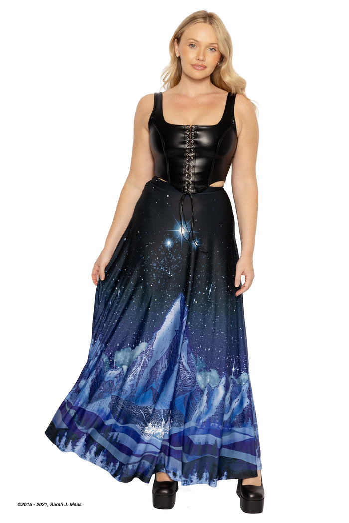 A Court of Thorns and Roses series City of Starlight skirt, ACOTAR maxi skirt by Sarah J Maas with Velaris print, night sky tones, Ramiel stars and soft draped silhouette, Night Court outfit